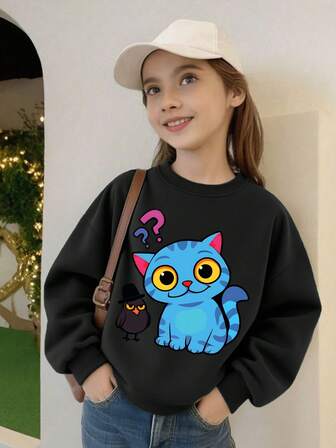1pc Girls' Cute Cartoon Blue Cat & Bird Print Light Blue Long Sleeve Sweatshirt, Soft & Comfortable, Suitable For Spring/Autumn Daily Wear