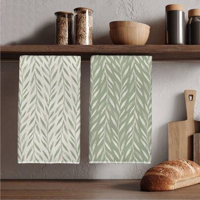 MEMNUN 2条春意盎然灰绿色水彩叶子图案厨房毛巾，尺寸为15.75*23.62英寸（40*60厘米），柔软超细纤维材质，吸水性强，适用于烹饪、烘焙、茶水、浴室和餐厅装饰。