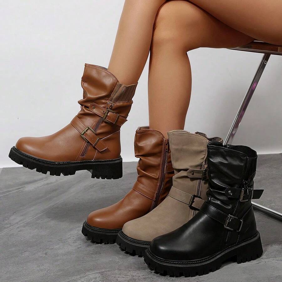 Women's Ruched PU Leather Ankle Boots – Side Zipper & Soft Back Elastic, Low Heel Moto Style Booties For Fall & Winter Daily Wear - 棕色 - 查看 1