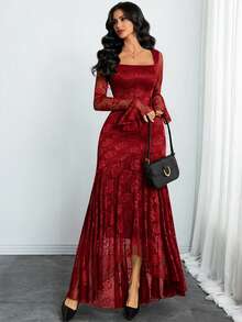 Đầm nữ thanh lịch kiểu Pháp lãng mạn, gợi cảm, cổ vuông, ren hoa hồng jacquard, tay áo xếp ly hai lớp, vạt bất đối xứng, thích hợp cho hẹn hò, du lịch và mặc hàng ngày vào mùa xuân. - Màu Đỏ Sâu - Xem 2