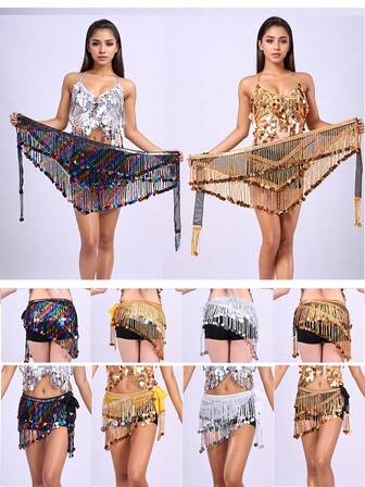 밸리 댄스 스팽글 태슬 코인 장식 힙 스카프/허리 스카프 무대 공연용 (다양한 색상 가능)