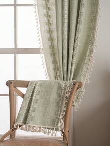 1pc Green & Beige Bohemian Tassel Hollow-Out Jacquard Knit Curtain, Nordic Style Pure Living Room Bedroom Home Decor, Holiday & New Year Decoration - Green - View 8