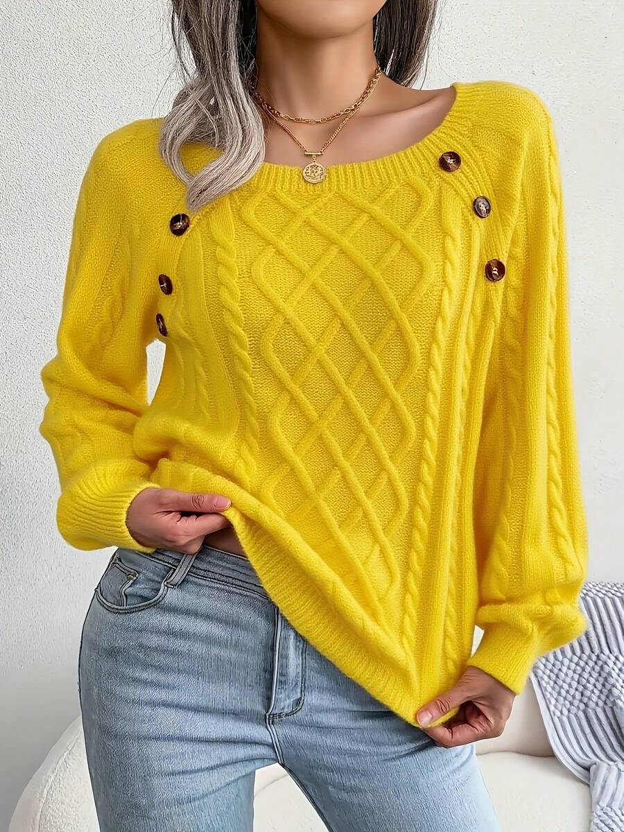 Women's Lightweight Cable Knit Sweater - Spring Casual Button Front Long Sleeve Top For Layering,Spring Women's Cable Knit Sweater - Lightweight Button Detail Casual Pullover For Everyday Outfits,Solid Color Lightweight Cable Knit Sweater - Women's Spring Casual Button Front Long Sleeve Pullover - 黃色 - 查看 1