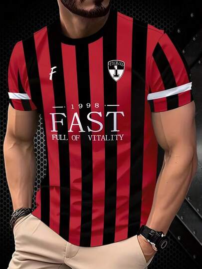 这款男士时尚短袖T恤采用3D打印技术，印有“活力四射”字样，红黑条纹设计，是夏季男士休闲T恤的理想之选。适合日常穿着、旅行和聚会等各种场合。