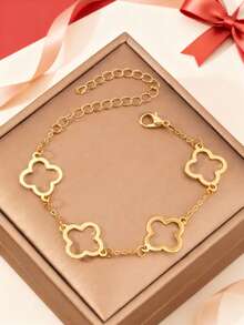 1pc Minimalist Long Clover & Hollow Flower Charm Bracelet - one-size - View 6