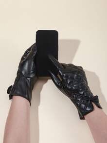 1 Pair Solid Color Casual Elegant Bow PU Leather Gloves, Warm And Fashionable Touch Screen Gloves For Women, Suitable For All Seasons, Autumn/Winter, Bow Decor, Riding Gloves, Thermal Lined, Cute Student Gloves, Black