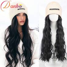 22英寸长直发波浪假发，合成纤维材质，配有弹性针织帽 - 针织帽假发，高温丝，100%密度，自然逼真，适合日常佩戴，基础款