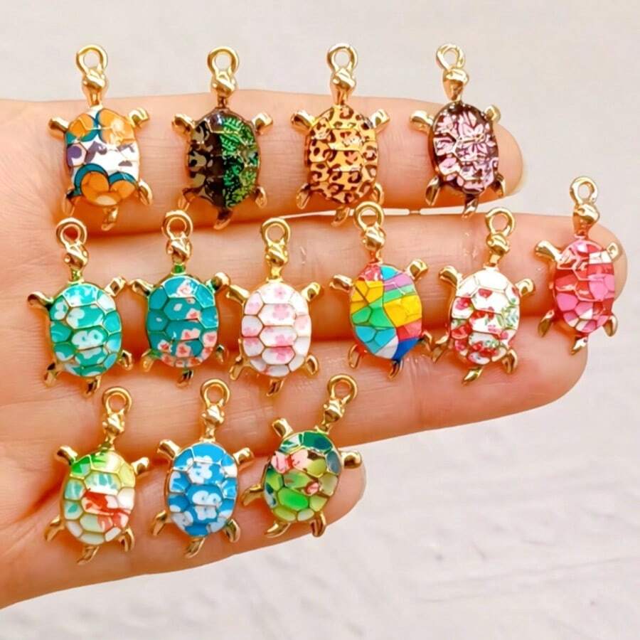 10个/套可爱海龟钥匙扣套装，时尚设计，适合装饰背包、钱包、手提包和休闲鞋，多种颜色可选，可用作钱包和钥匙收纳器，动物钥匙扣挂件，迷你钥匙扣装饰，可爱海龟设计 - 彩色 - 查看 1