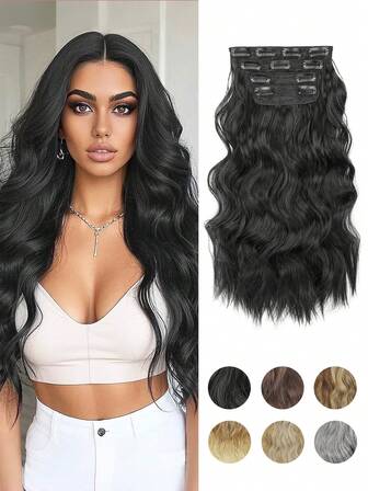 Extensiones de cabello sintético ondulado largo con clip de 20 pulgadas, 4 piezas, postizos gruesos para mujer, extensiones de cabello natural de doble trama.