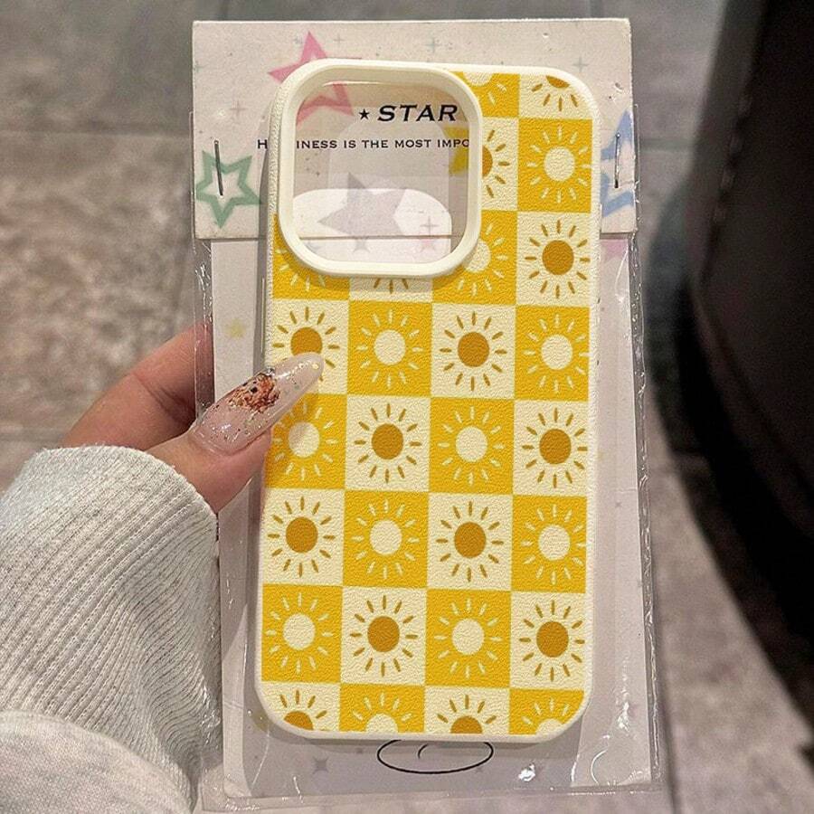 1pc TPU Material Playful Yellow Checkerboard & Sun Pattern Phone Case Compatible With IPhone 17 Pro Max/17/16 Pro Max/15/13/12/11, S20 FE/A15/S24/A55, Compatible With Redmi Note 11/12/13 Pro, Full Coverage Anti-Drop Soft Protective Cover - White - View 1