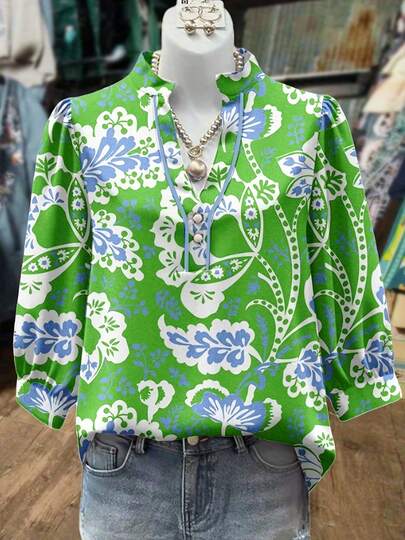 Vintage V-Neck Puff Bell Sleeve Blouse - Short 3/4 Length Flared Top, Non-Stretch Casual & Semi-Formal Wear, Year-Round Versatile For All-Season Elegant Sleeve Shirt