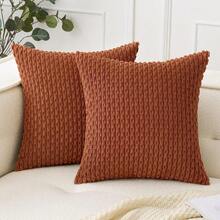 1pc/2pcs Caramel Bohemian Striped Throw Pillow Cover (Pillow Insert Not Included), Soft Plush Corduroy Solid Color Decorative Square Pillow Sham, Suitable For Holiday, Sofa, Bedroom, Bed, All Seasons - Burnt Orange - View 9