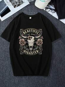 Christmas & Halloween Gift Casual T-Shirt - "Beautiful Disaster" Bull Skull & Rose Vintage Graphic (Single Piece, Material: 100% Cotton) - 黑色 - 查看 1