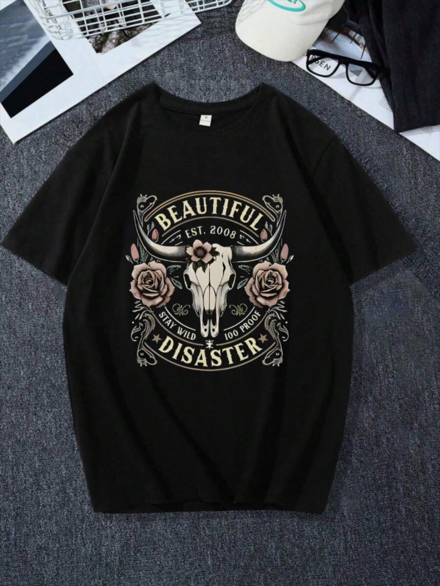 Christmas & Halloween Gift Casual T-Shirt - "Beautiful Disaster" Bull Skull & Rose Vintage Graphic (Single Piece, Material: 100% Cotton) - 黑色 - 查看 1