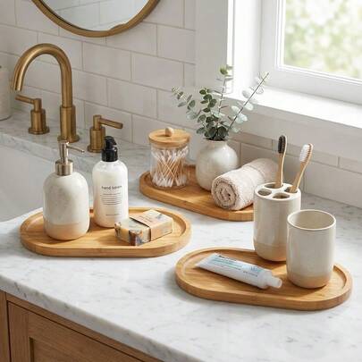 Juego de 3 bandejas de tocador de bambú, organizador de encimera de baño de madera ovalada para dispensador de jabón, vela y perfume, plato de almacenamiento pequeño y natural para especias y joyas en el hogar - Decoración rústica