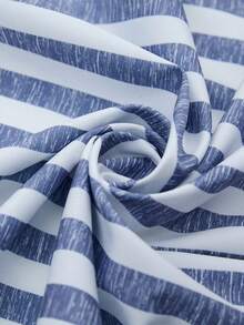 Women's Casual Minimalist Shirt Collar Button Pocket Long Sleeve Shirt Top And Elastic Waist Shorts 2 Piece Set - Blue and White - View 7