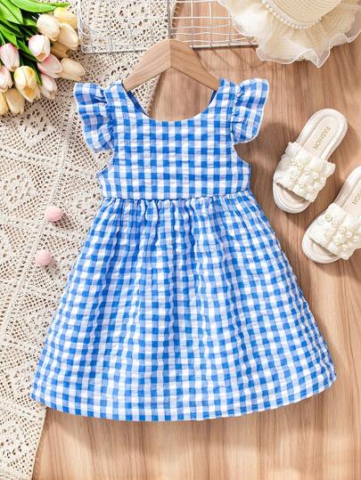 Girls Gingham Sleeveless Bow Tie Dress, Pink Children's Countryside Style Dress For Daily Wear, Suitable For Countryside Picnic, Summer Outing, Casual Wear. Fits Girls Aged 4-7, Spring/Summer
