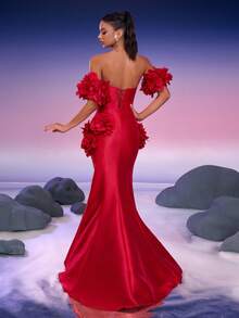 Anymoon 性感奢华 3D 立体花卉红色缎面无肩带露背系带美人鱼礼服，配可拆卸 3D 立体牡丹袖，适合毕业舞会、成人礼、红毯、高端晚宴等场合。 - 紅色 - 查看 3
