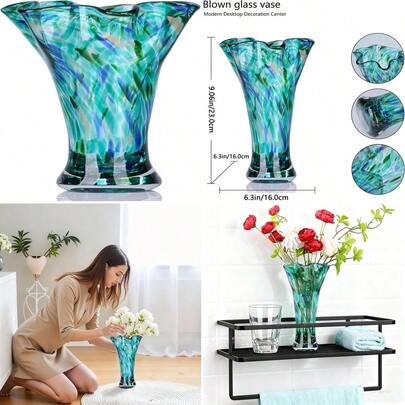 Verde azulado vidrio soplado a mano jarrón para decorar hogar, mesa de comedor, oficina, sala de reuniones y baño con flores, centro de mesa, estantería