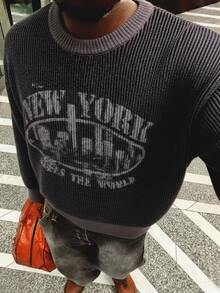 ANDREILEE 男女通用针织提花字母城市印花落肩圆领毛衣，春/秋/冬 - 深灰色 - 查看 1