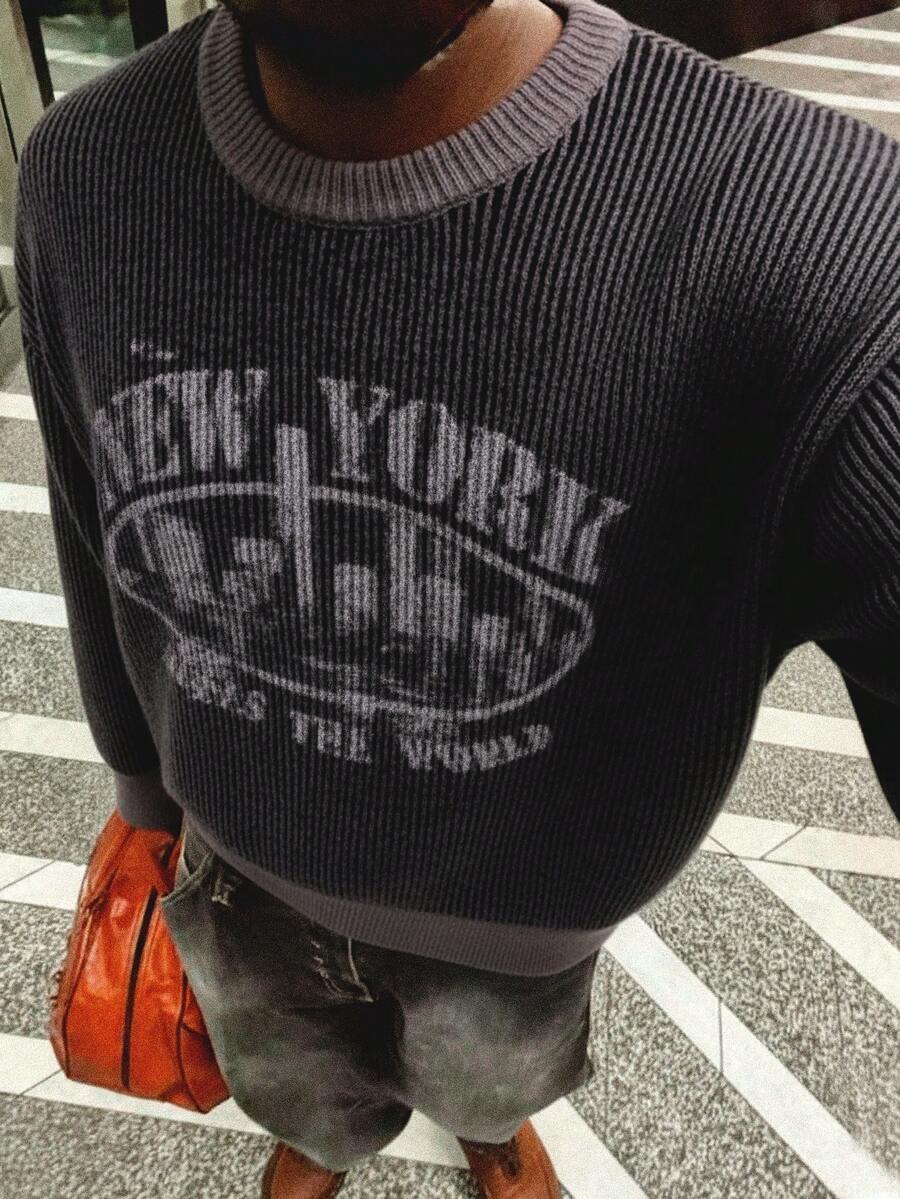 ANDREILEE 男女通用针织提花字母城市印花落肩圆领毛衣，春/秋/冬 - 深灰色 - 查看 1