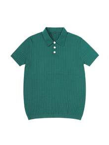 Men's Green Knitted Polo Collar Short Sleeve Shirt, Lightweight Breathable Moisture-Wicking Slim Fit Vertical Striped Knit T-Shirt, Summer - Green - View 8
