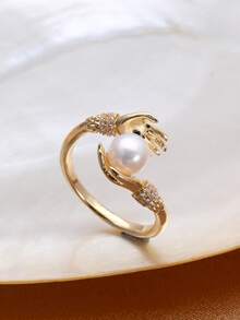1pc 18K Gold Plated Freshwater Pearl Adjustable Open Ring For Women - Both Hands 1 - View 3