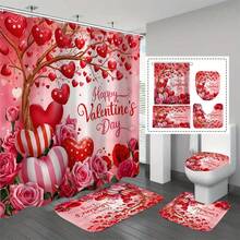 1/4 piezas Juego de cortina de ducha para decoración del Día de San Valentín, cortina de baño lavable con patrón romántico de rosas florales en forma de corazón, regalo de baño con 12 ganchos, tapa de inodoro en forma de U antideslizante, alfombra de baño - Multicolor - Ver 14