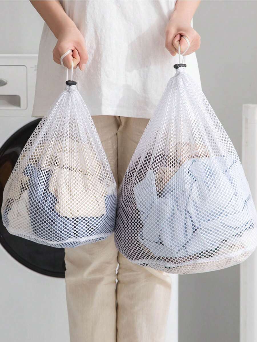 1pc/4pcs Mesh Laundry Bag With Drawstring, White Polyester Large Washing Machine Bag For Bathroom