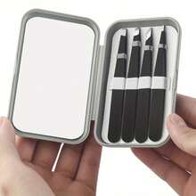 Stainless Steel Eyebrow Tweezers Set With Mirror Storage Box, Includes Straight & Angled Tweezers For Eyebrow, Facial Hair & Eyelash Extensions, Grooming Beauty Tools For Outdoor Use - Multicolor - View 3