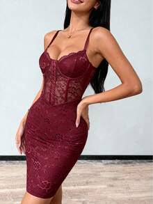 Vexica Women's New Year's Party Red Sleeveless Lace Mini Dress, Featuring Thin Straps And Embroidered Sheer Underwire Bra Details, Perfect For Parties And New Year's Wear. - Burgundy - View 4