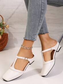 Classic Retro Solid Color Buckle PU Leather Slip-On Shoes, Suitable For Beach, Wedding, Party, Office, Indoor & Outdoor, Spring/Summer - Beige - View 4