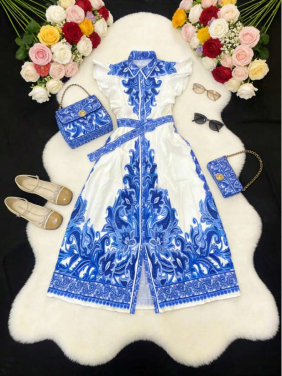 Elegant Blue And White Porcelain Print Long Dress, Summer - Multicolor - View 1