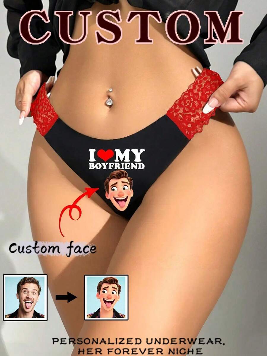 1件装女士性感无痕丁字裤，可定制照片、卡通图案、心形水印，蕾丝弹力柔软内衣，送给妻子/女友的理想礼物 - 彩色 - 查看 1