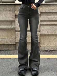 少女时尚水洗复古喇叭牛仔裤 - 灰色 - 查看 5