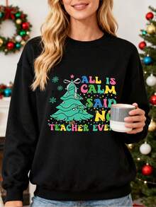 Camiseta de mujer con estampado de árbol de Navidad y texto colorido, sudadera sin capucha, ideal para profesores, fiesta de Navidad, regalo para ella, cómoda y trendy, adecuada para uso diario y celebraciones navideñas - Negro - Ver 1