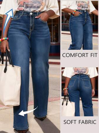 Pantalones vaqueros de tiro alto con pierna ancha, de ajuste curvo, de tela vaquera elástica de color azul oscuro, pantalones de talla grande para ir al trabajo