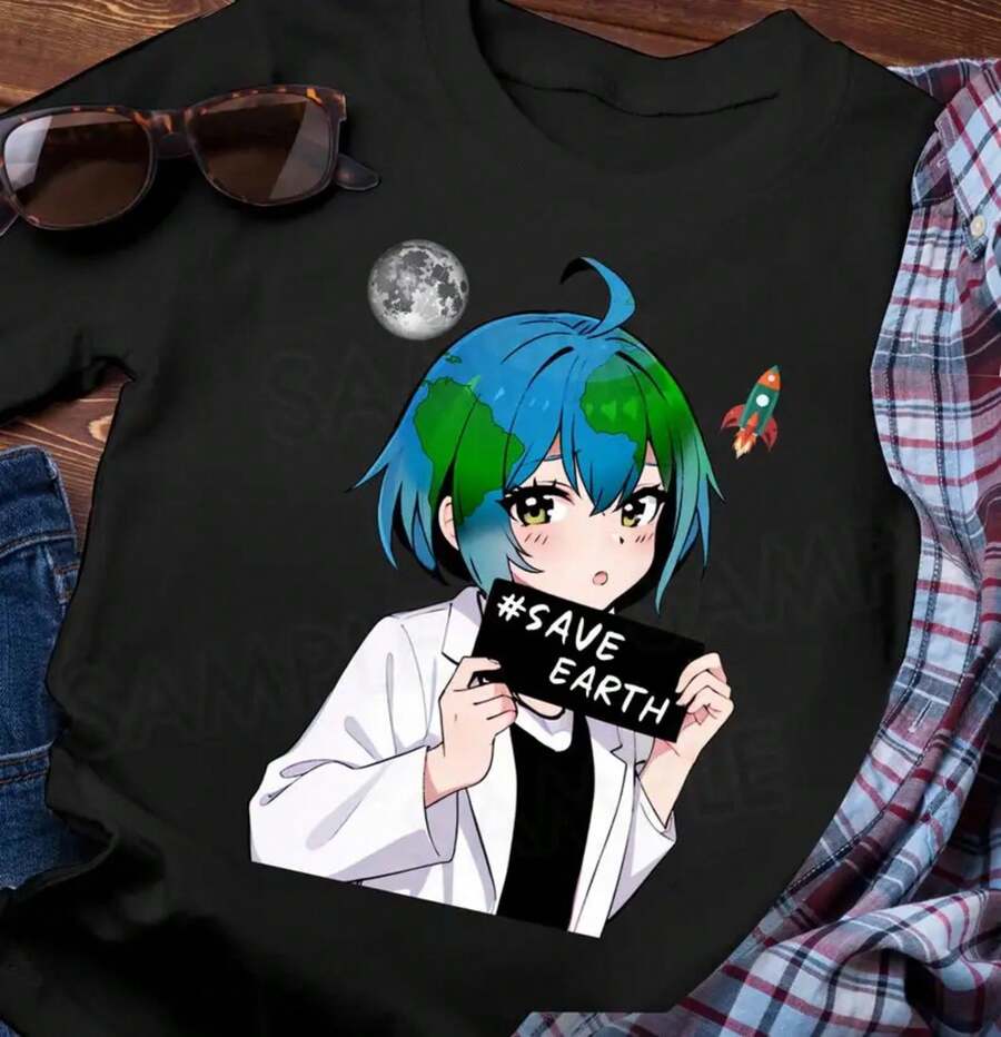 Anime Save Earth Chan T-Shirt, Anime Otaku Shirt, Save Earth, Unisex Brand T-Shirt, Ultra Cotton T-Shirt - Black - View 1