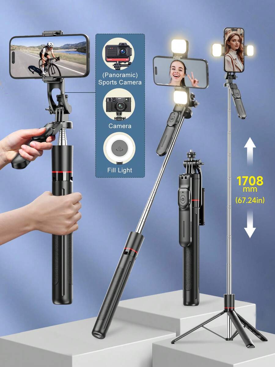 67.24 Inch Smartphone Selfie Stick Tripod - Extendable Travel Tripod With Stabilizer Handle And 360° Panoramic Shooting, Includes Wireless Remote And Detachable Phone Holder, Compatible With Camera/Smartphone/Android Pro MAX, Suitable For Travel, Vlog, Video And Photo Shooting