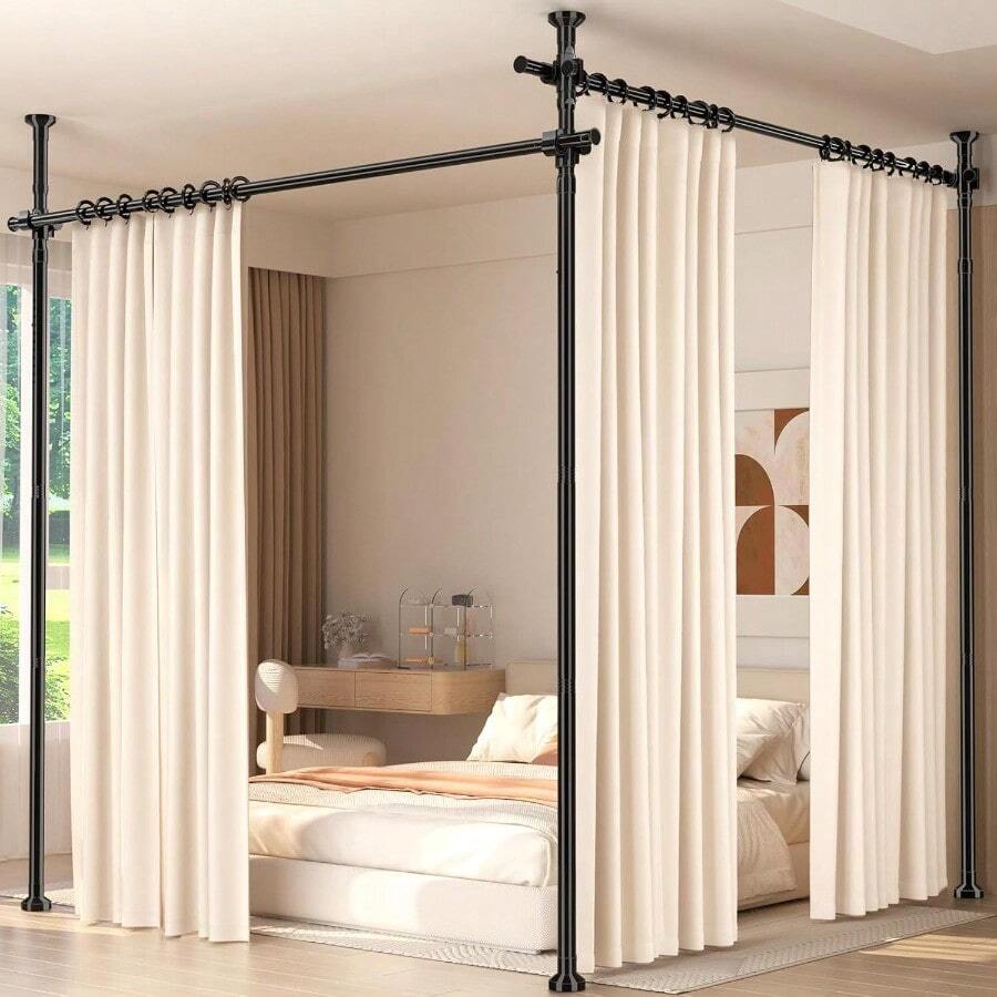 Room Divider For Room Separation4-10ft H 28-140inch(W) Adjustable Temporary Privacy Wall Divider Tension Curtain Rods No Drilling Heavy Duty Partition Space Separator Freestanding Black - Black - View 1