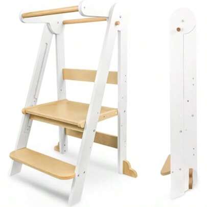Foldable Toddler Kitchen Standing Tower Wooden Learning Tower With Safety Rail 3 Adjustable Heights  Standing Stool Step Stool For Cooking Bathroom Sink White