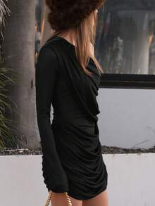 Women's Solid Color Ruched Mesh Asymmetric Sexy Mini Dress, Suitable For Valentine's Day, New Year Occasions