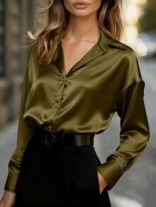 女士时尚长袖涤纶纽扣衬衫，秋叶印花，衬衫领，常规版型上衣 - 橄欖綠 - 查看 6