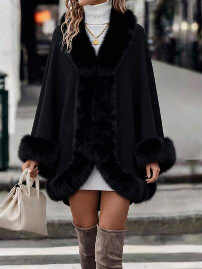 Mujer elegante capa poncho de punto diseño moderno suave con cuello y puños de pelo sintético, corte holgado, manga larga, otoño e invierno, uso diario, abrigo