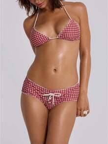 Womens Dot Printed Cheeky Bikini Sets High Cut Swimsuit Triangle String Tie Cute Bathing Suits - Red - View 1