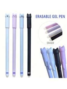 4Pcs Cat Erasable Gel Pen 0.5mm Magic Ink Blue Black Pen Set With Rubber Eraser Creative School Stationery