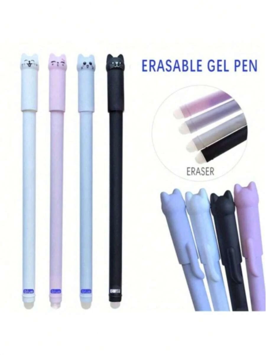 4Pcs Cat Erasable Gel Pen 0.5mm Magic Ink Blue Black Pen Set With Rubber Eraser Creative School Stationery