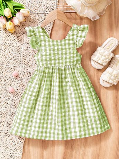 Girls Gingham Sleeveless Bow Tie Dress, Pink Children's Casual Country Style Dress, Suitable For Countryside Picnic, Summer Outing, Daily Wear. Fits Girls Aged 4-7, Spring/Summer