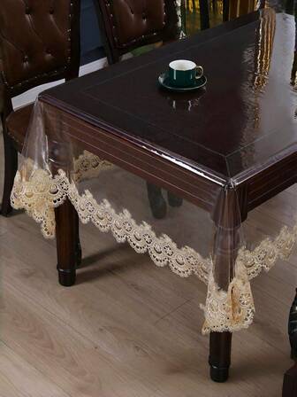 1 pieza Mantel rectangular transparente de PVC con borde de encaje bordado, moderno y minimalista, impermeable, a prueba de aceite y polvo, adecuado para mesa de comedor, mesa de café, escritorio de estudio, decoración del hogar diaria y fiestas/bodas/festividades