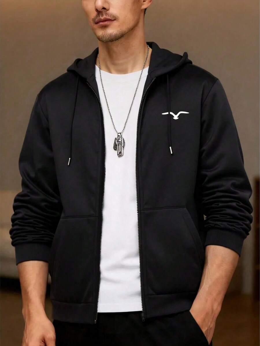 1 pieza Sudadera con capucha con cremallera de unicolor casual para hombres, de moda y versátil, adecuada para otoño/invierno